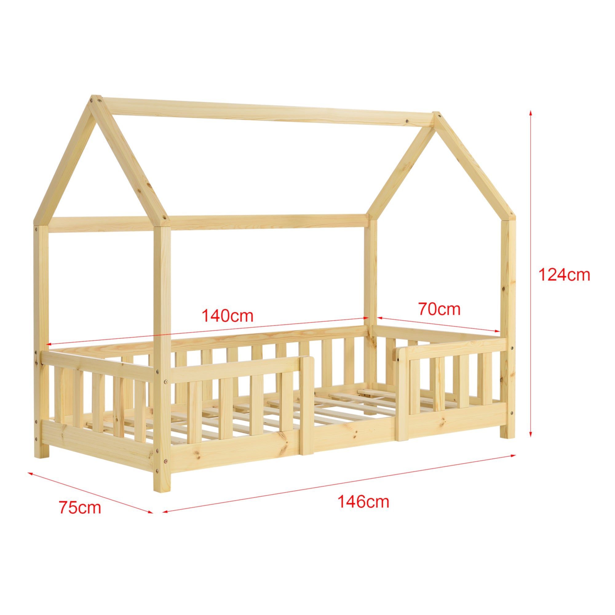 Letto per Cameretta Sisimiut a Forma di Casetta 70x140 cm Legno Naturale [en.casa]