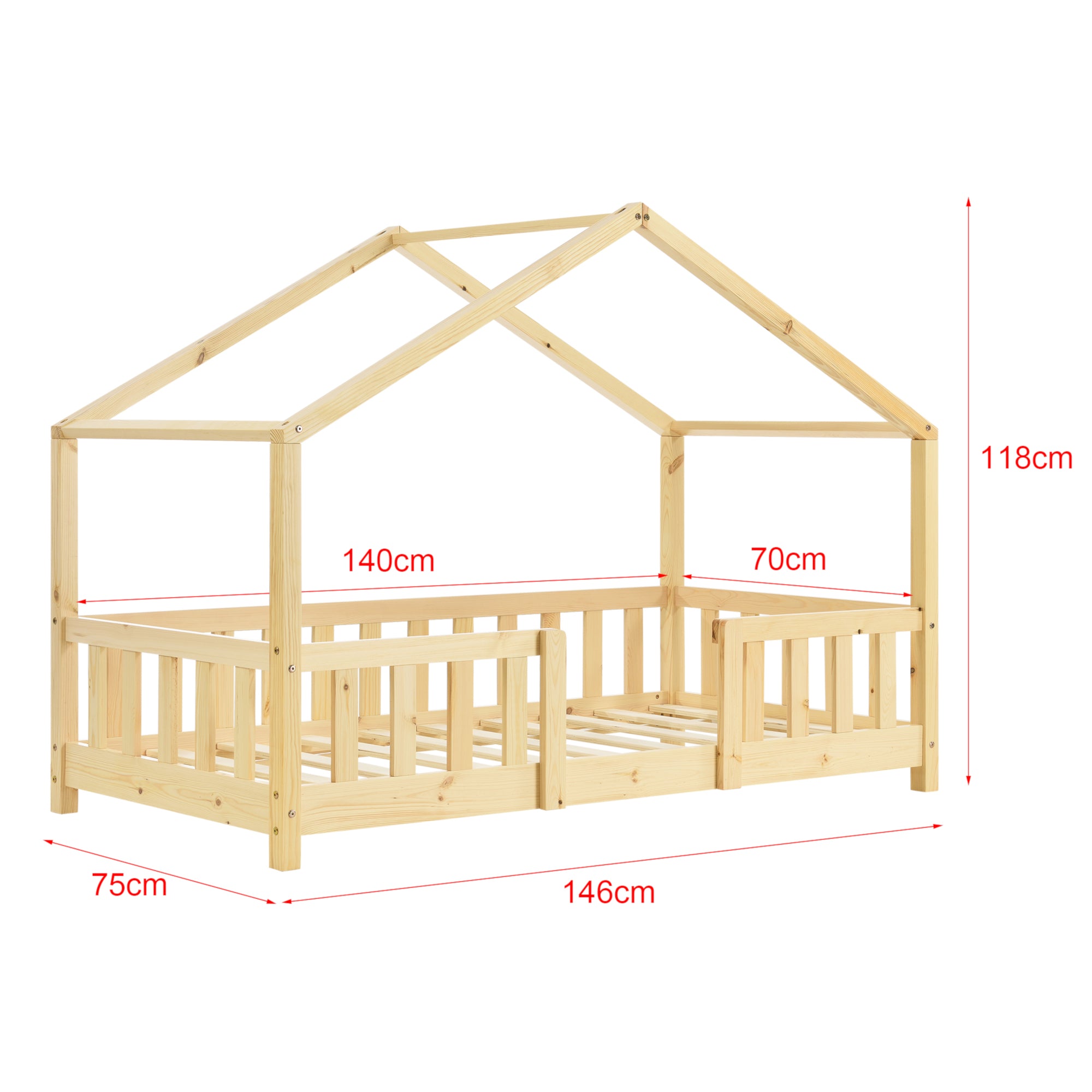 Letto per Cameretta Treviolo a Forma di Casetta 70x140 cm Legno Naturale [en.casa]