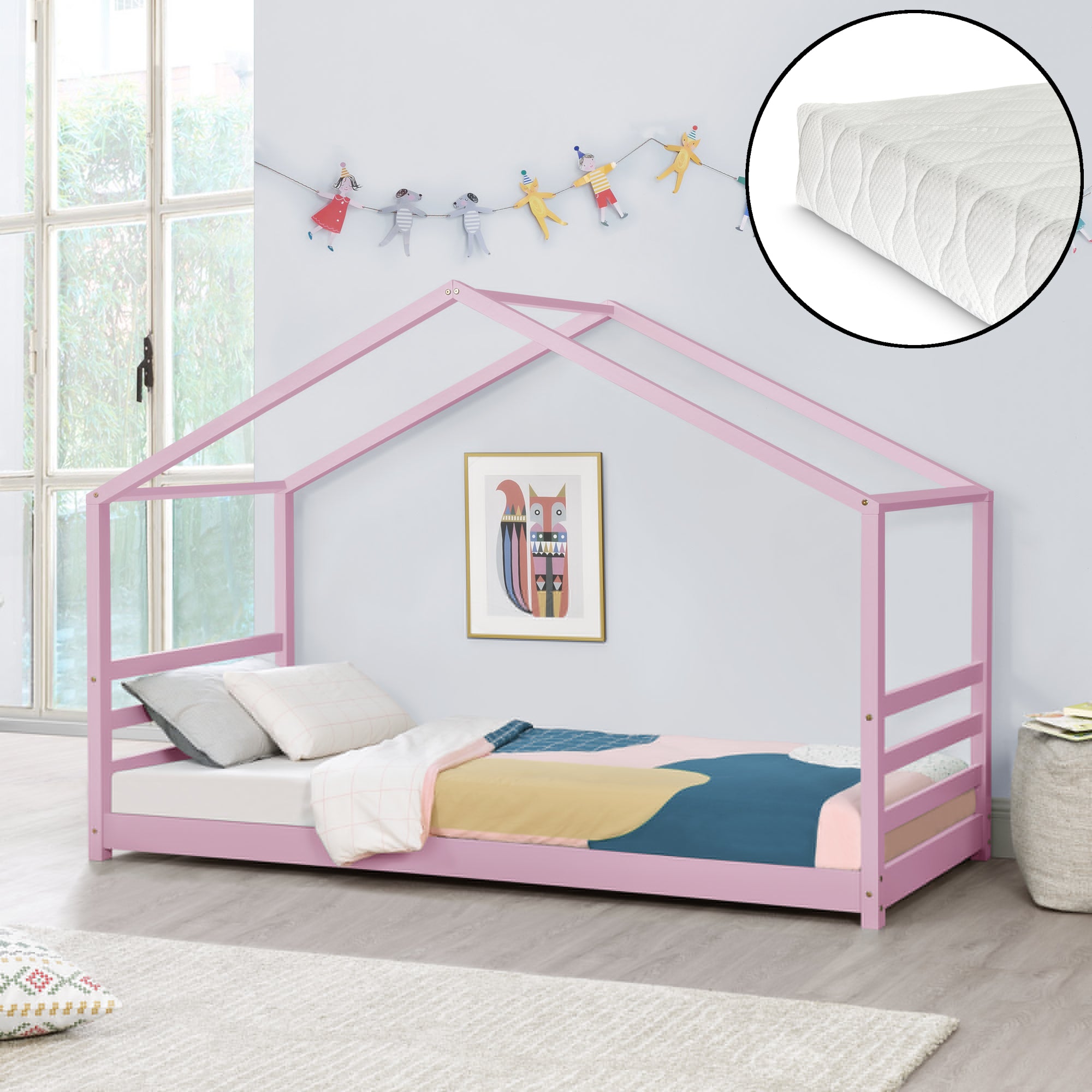 Lettino per Bambino con Materasso a Schiuma Fredda 90 x 200 cm Letto in Legno a Forma di Casetta con Materasso