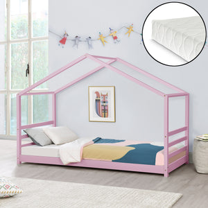 Lettino per Bambino con Materasso a Schiuma Fredda 90 x 200 cm Letto in Legno a Forma di Casetta con Materasso