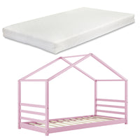 Lettino per Bambino con Materasso a Schiuma Fredda 90 x 200 cm Letto in Legno a Forma di Casetta con Materasso