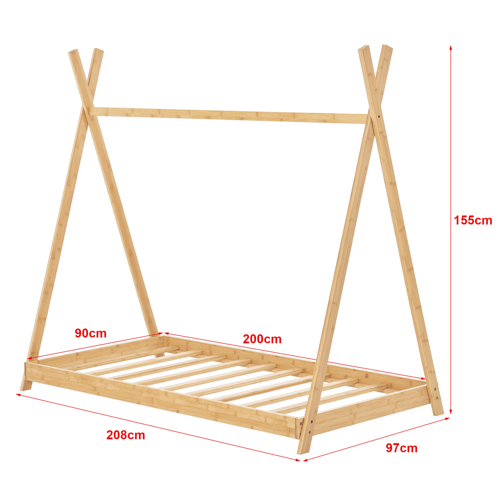 Letto Vimpeli per Cameretta a Forma di Tenda Indiana Bambù Naturale 90x200 cm [en.casa]