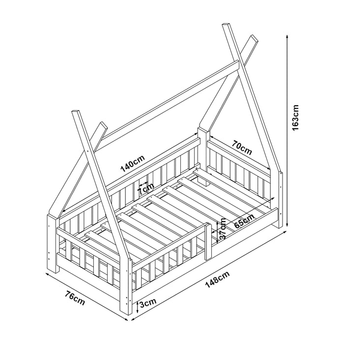 Letto a Capanna Helsingborg con Sponde e Materasso 70 x 140 cm Legno Naturale [en.casa]