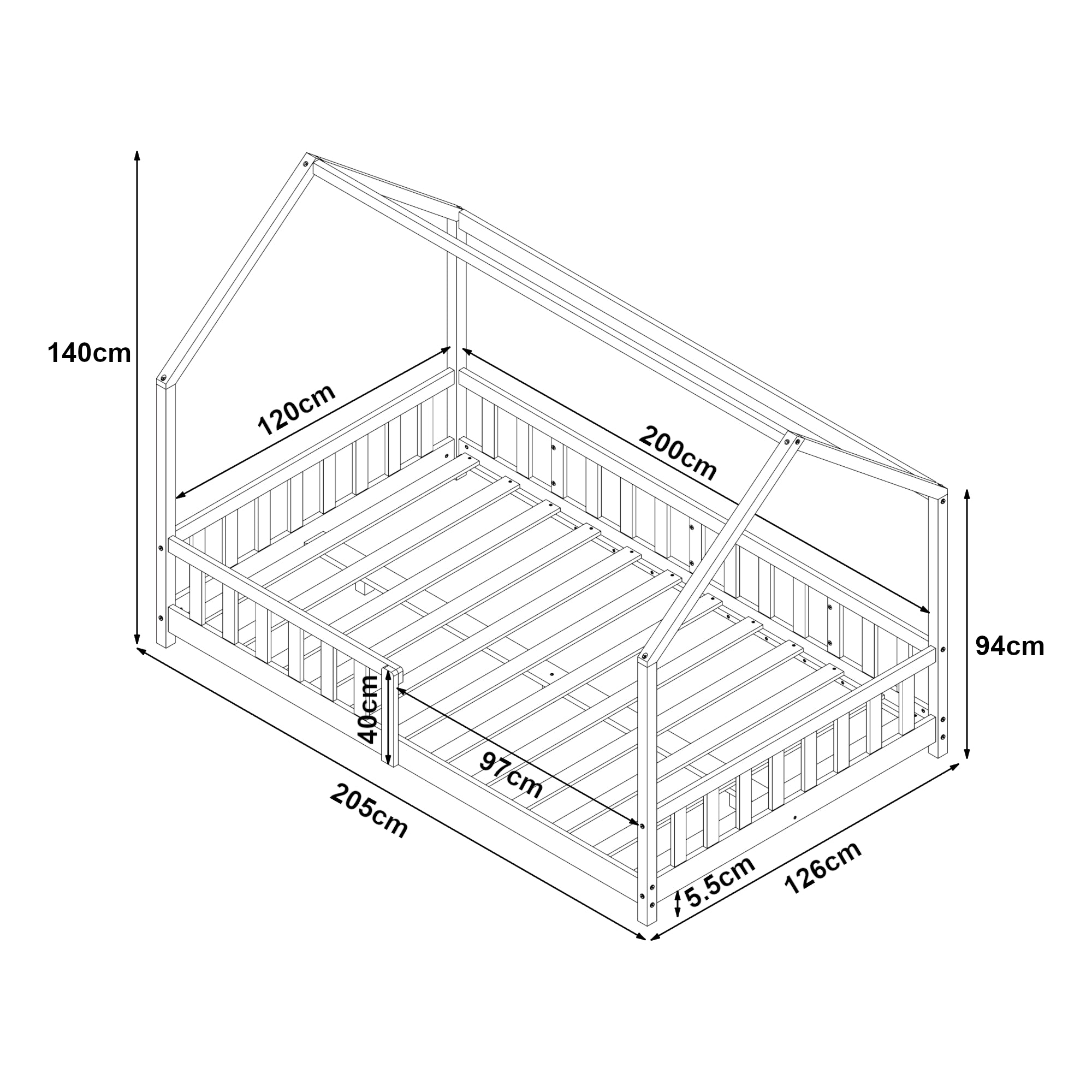 Letto Piazza e Mezza Hesel per Cameretta a Forma di Casetta 120 x 200 cm Naturale [en.casa]