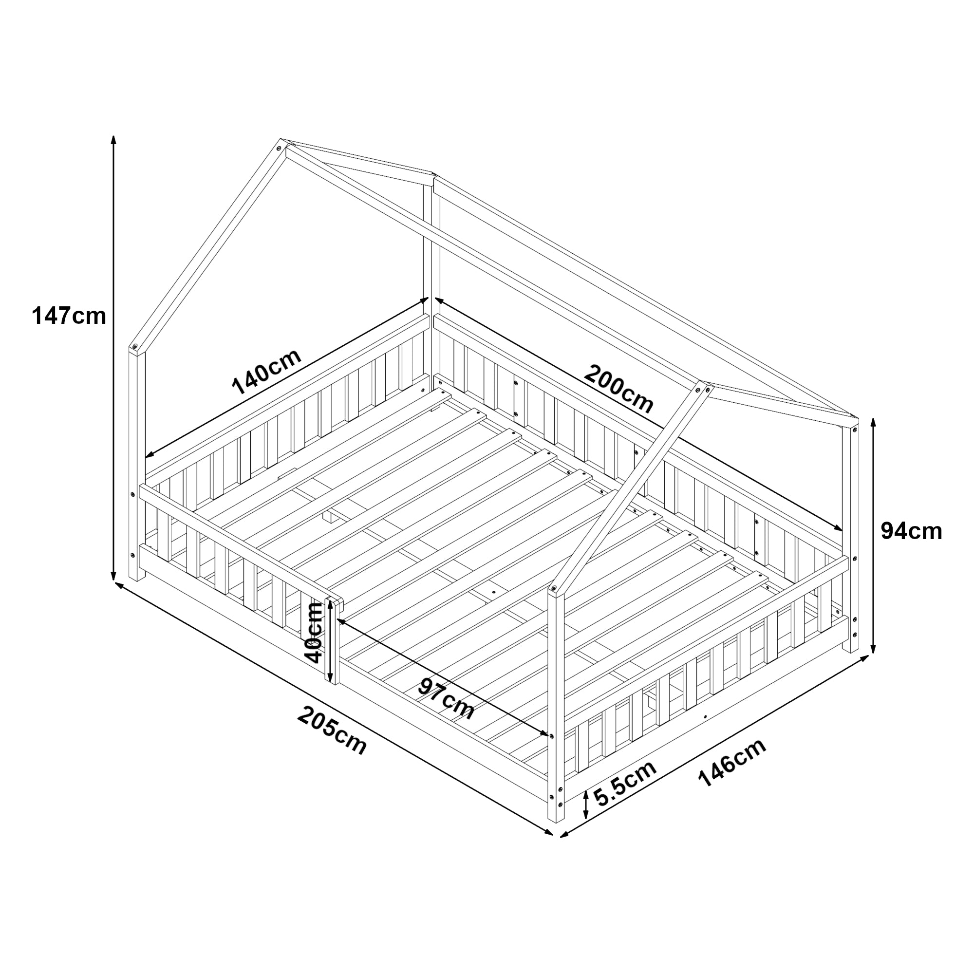 Letto Francese Hesel per Cameretta Forma di Casetta con Materasso 140 x 200 cm Naturale [en.casa]