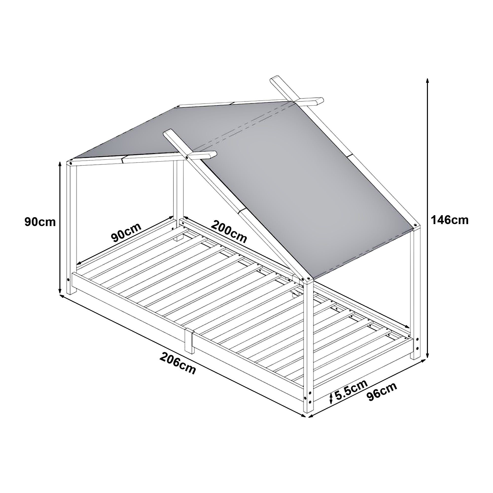 Letto Singolo Brome per Cameretta a Forma di Casetta Zona di Riposo 90x200 cm Legno - Grigio [en.casa]