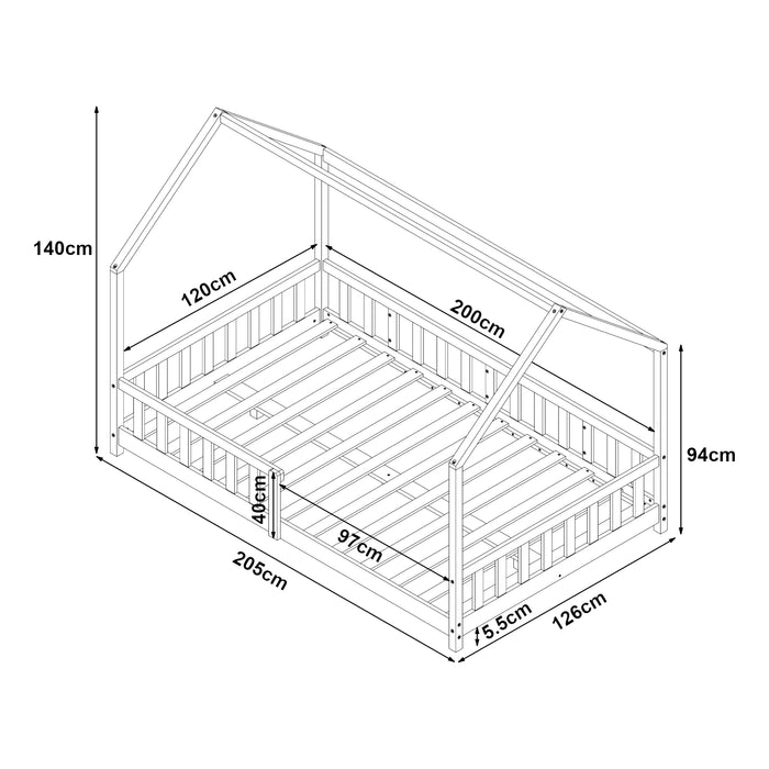 Letto Piazza e Mezza Hesel per Cameretta Forma di Casetta con Materasso 120 x 200 cm Grigio [en.casa]