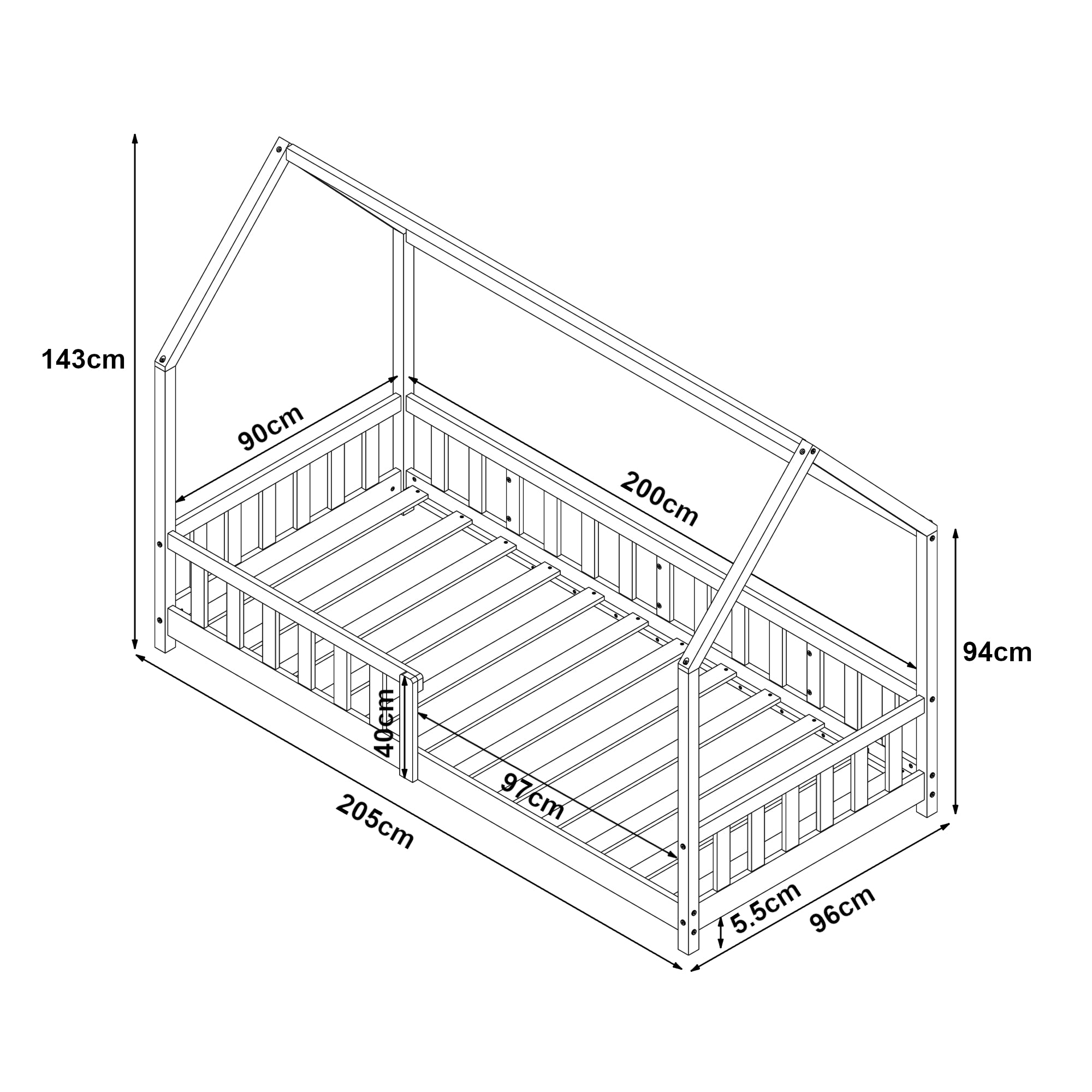 Letto Singolo Hesel per Cameretta a Forma di Casetta 90 x 200 cm Bianco [en.casa]