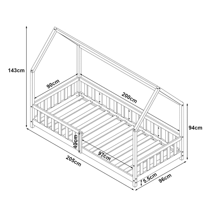 Letto Singolo Hesel per Cameretta a Forma di Casetta 90 x 200 cm Bianco [en.casa]