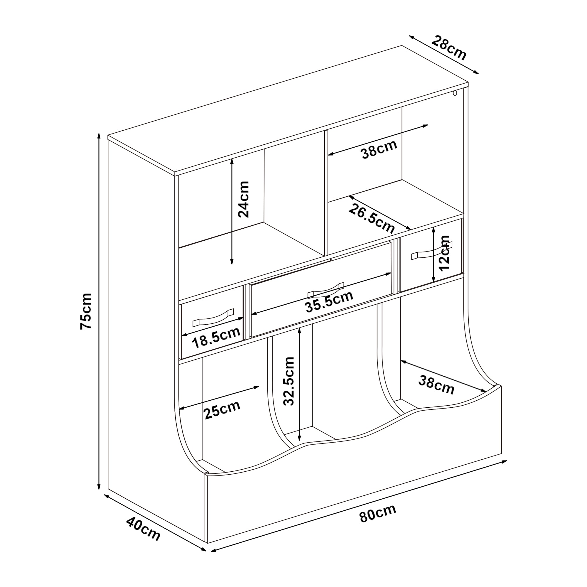 Scaffale Basso per Cameretta Vastesa con Cassetti Pieghevoli e Scomparti - Bianco [en.casa]