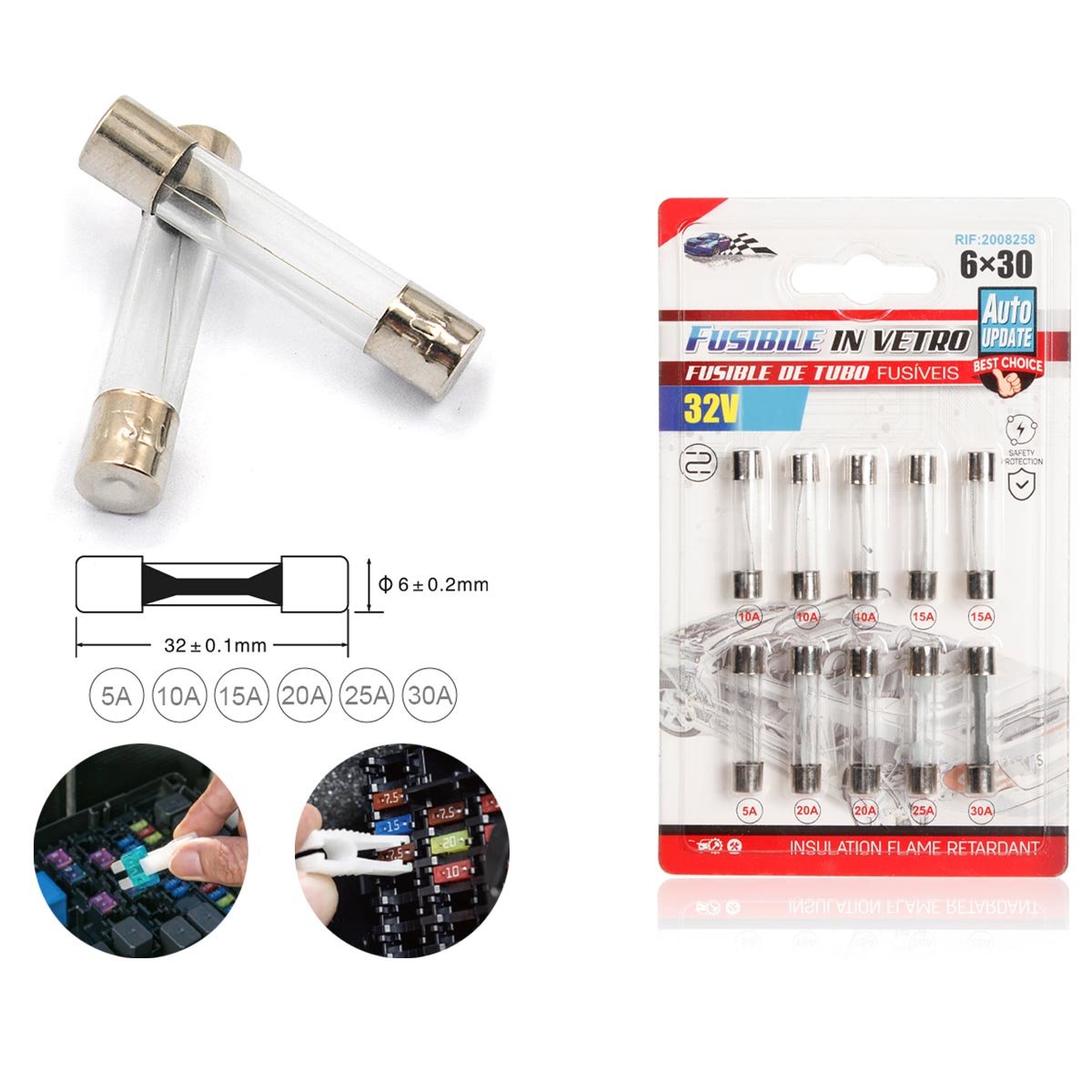 Kit 10 Fusibile in Vetro per Auto Moto Camper Camion Barco 5A 10A 15A 25A 30A Diametro 6mm Lunghezza 32mm Max 32V