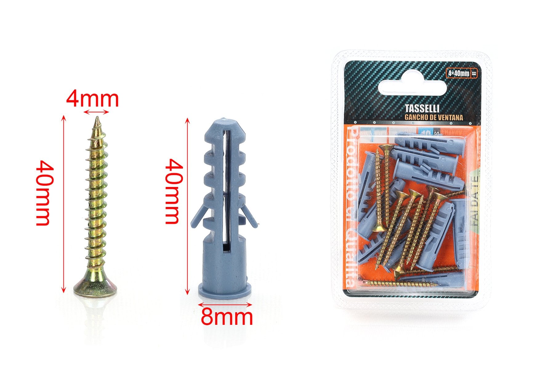 Kit 10 pcs Tasselli &Oslash;8x40mm Con Viti 4x40mm