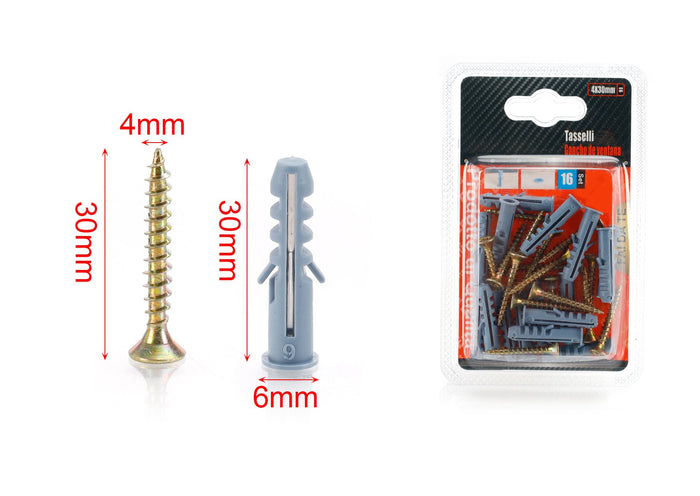 Kit 16 pcs Tasselli &Oslash;6x30mm Con Viti 4x30mm