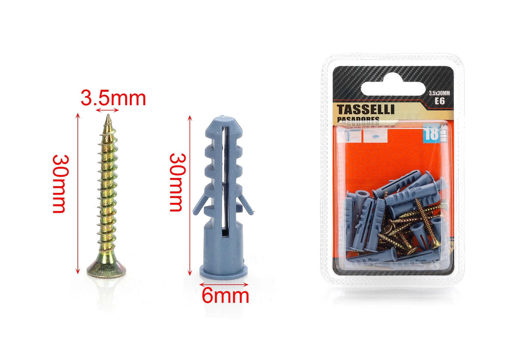 Kit 18 pcs Tasselli &Oslash;6x30mm Con Viti 3,5x30mm