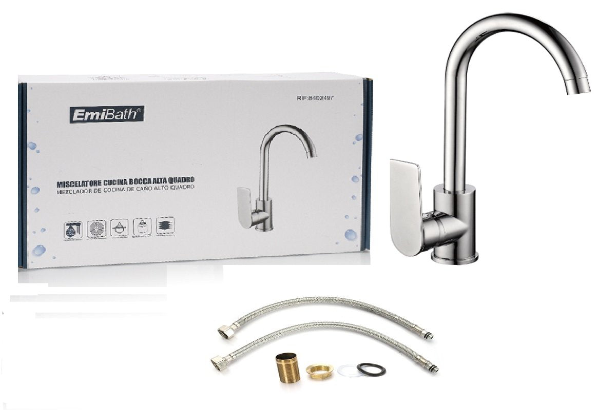 Kit Miscelatore Cucina Bocca Alta Quadro Argento Cromato Misura 370x200mm