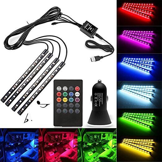 Kit Striscia Barra Led RGB 4X18cm 12V Telecomando IR Sensore Voce Musica Controllo IP67 Per Decorazione Auto Interno Esterno