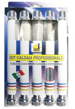 Kit tubi flessibili estensibili caldaia acciaio inox 200 400 gas 1/2 mf uni 11353 2 1/2 mf 2 3/4"mf acqua DM 174