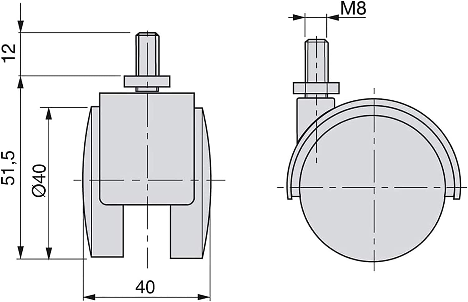 Kit di 4 Rotelle Per Mobili Con Freno Diametro 40mm Con Perno Filettato M8