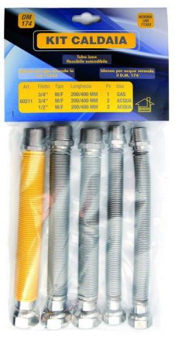 Kit tubi flessibili estensibili caldaia acciaio inox 200 400 gas 3/4 mf uni 11353 2 1/2 mf 2 3/4"mf acqua DM 174