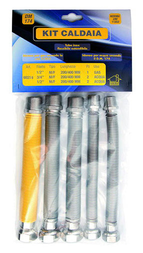 Kit tubi flessibili estensibili caldaia acciaio inox 200 400 gas 1/2 mf uni 11353 2 1/2 mf 2 3/4"mf acqua DM 174