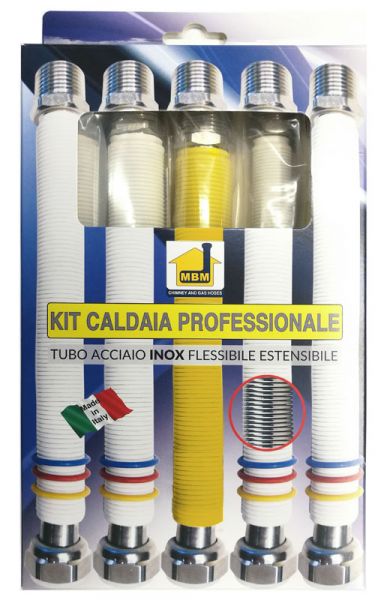 Kit tubi flessibili estensibili caldaia acciaio inox 200 400 gas 3/4 mf uni 11353 2 1/2 mf 2 3/4"mf acqua DM 174