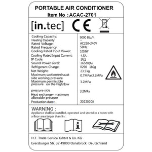 Climatizzatore Portatile 3 in 1 con Kit per Finestre, Timer 24h e Telecomando - Condizionatore, Deumidificatore,