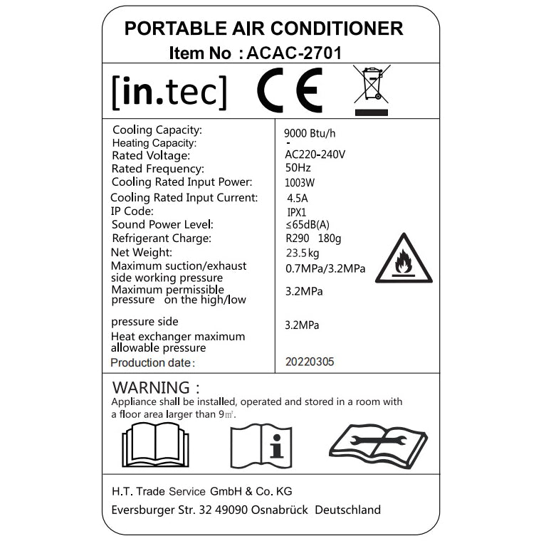 Climatizzatore Portatile 3 in 1 con Kit per Finestre, Timer 24h e Telecomando - Condizionatore, Deumidificatore,