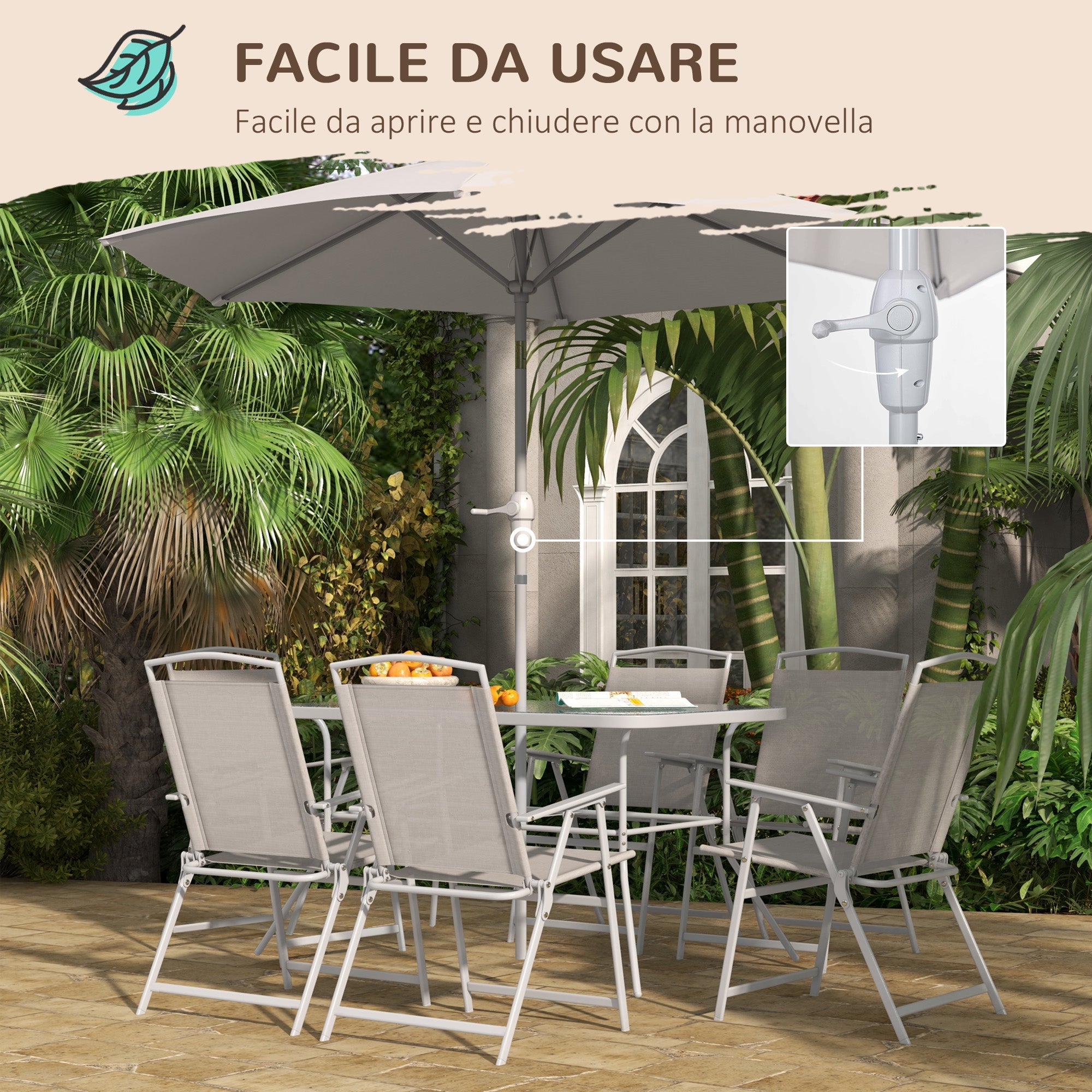 Set Tavolo con Top in Vetro 6 Sedie Pieghevoli e Ombrellone a Manovella da Giardino in Metallo e Rete Grigio