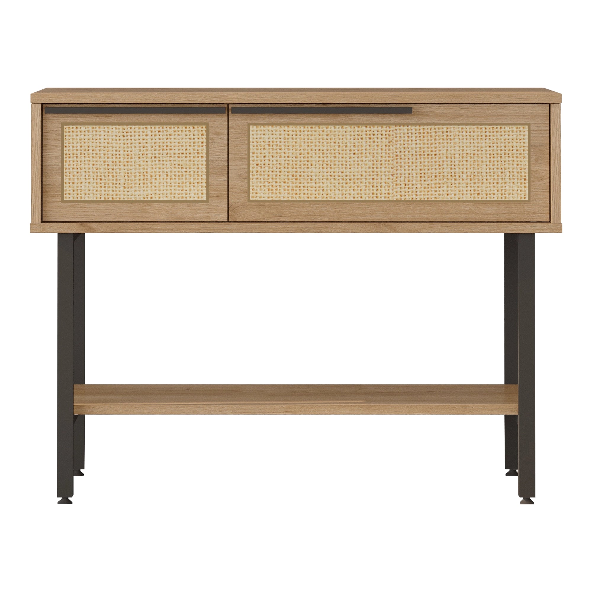 Tavolo Consolle Kvà¦nangen con Scomparti Chiusi e Ripiano 100x30x76 cm Effetto Rovere / Rattan [en.casa]