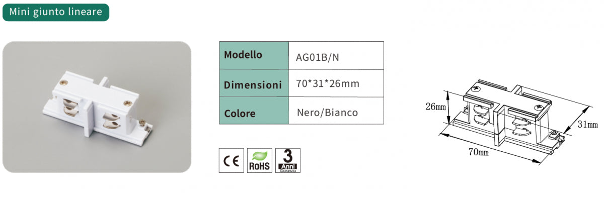 Kosoom Connettore Mini Giunto Lineare Bianco Centrale per Binario Trifase AG01B