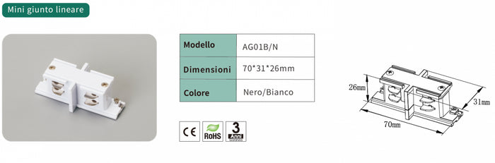 Kosoom Connettore Mini Giunto Lineare Bianco Centrale per Binario Trifase AG01B