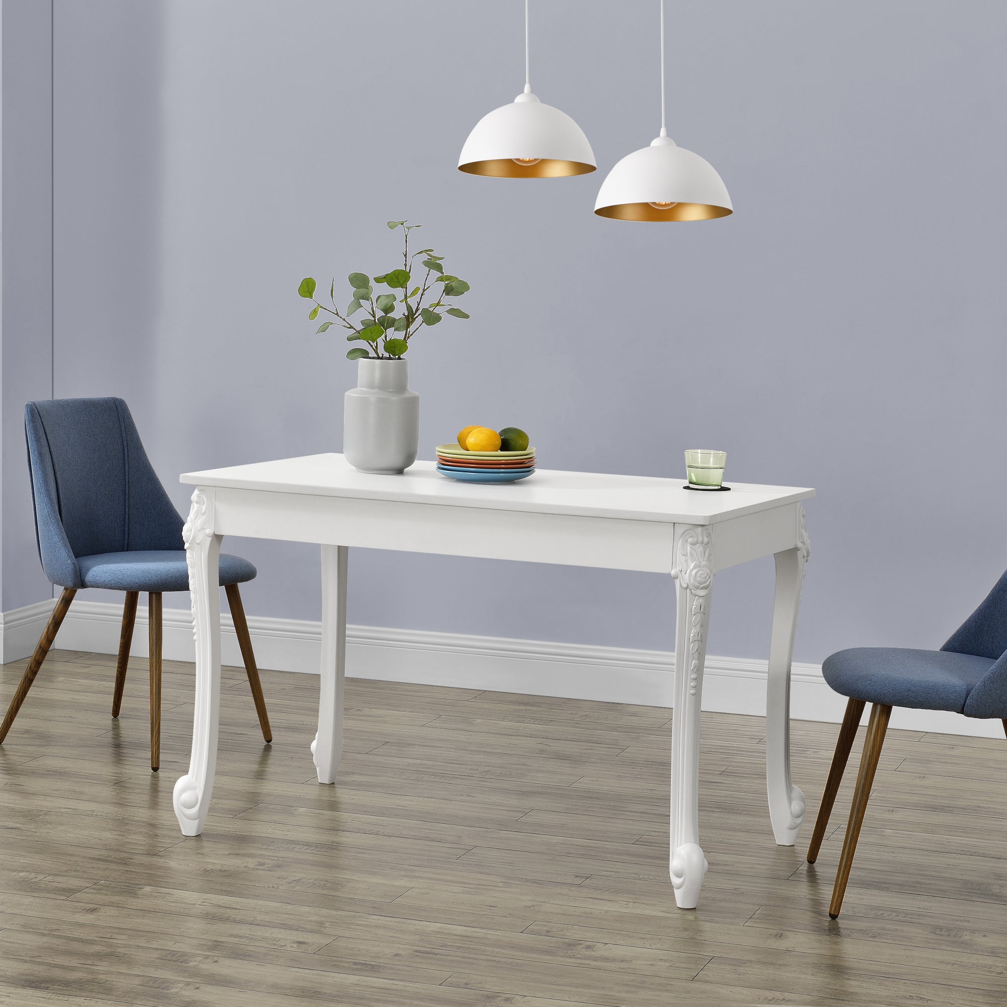 Tavolo da Pranzo Bianco in Stile Barocco con Decoro Floreale 116 x 66 x 76 cm Tavolo Rettangolare con Gambe di Plastica