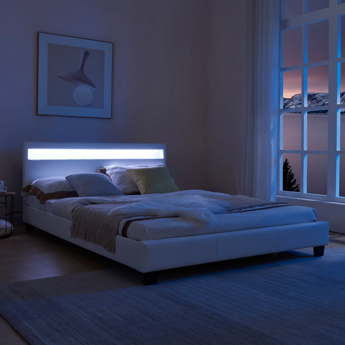 Letto imbottito corium con illuminazione LED (Paris) e materasso (140x200cm)(bianco)(schiuma a freddo) - In similpelle /