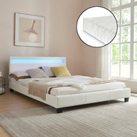 Letto imbottito corium con illuminazione LED (Paris) e materasso (140x200cm)(bianco)(schiuma a freddo) - In similpelle /