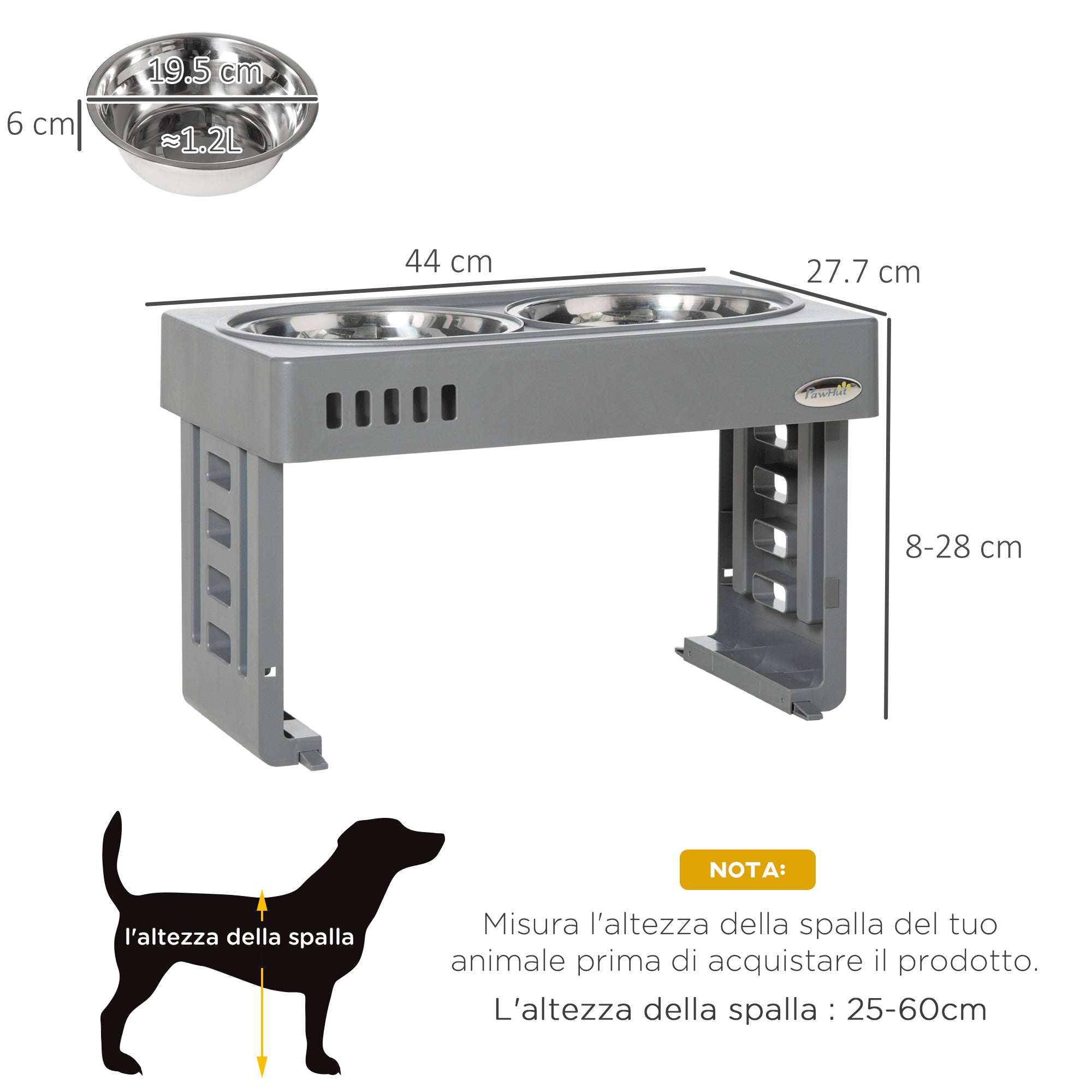 Set 2 Ciotole per Cani 1,2 Litri 44x27,7x28 cm in ABS e Acciaio Grigio