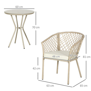 Set Tavolino con Piano in Vetro e 2 Poltrone da Giardino in Rattan PE Acciaio e Poliestere Khaki