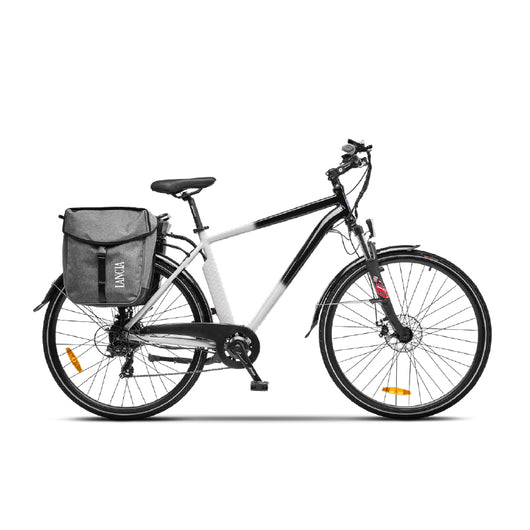 LANCIA ESTRO (LN-BI-220002) CITY E-BIKE (NERO/BIANCA) - BICICLETTA ELETTRICA - RUOTE 28""X1.50"" - MOTORE BAFANG 250W 36V - BATTERIA  36V 10.4AH - TELAIO IN ALLUMINIO - FORCELLA AMMORTIZZATA - AUTONOMIA FINO AD 70KM - Borse laterali posteriori incluse