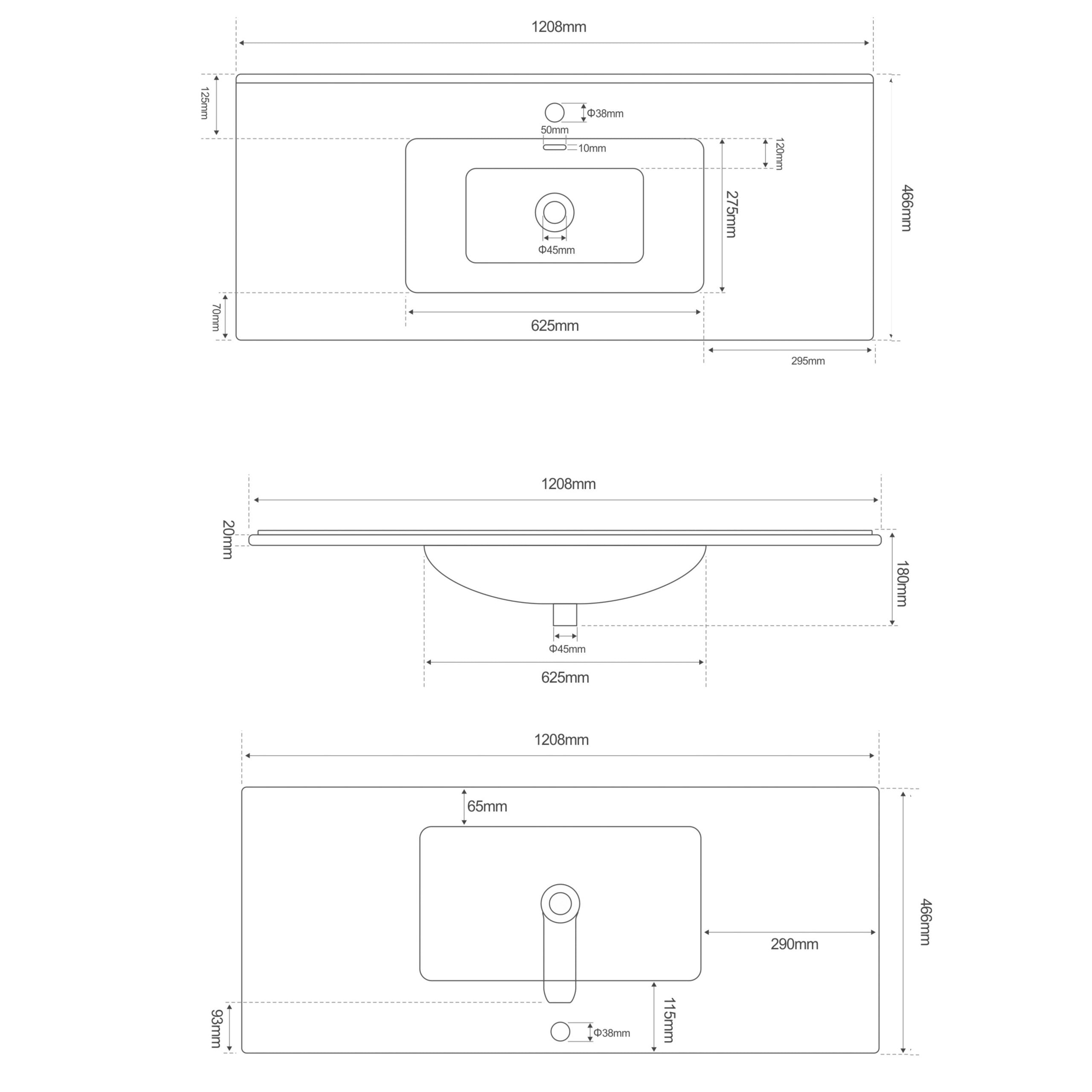 Lavabo da incasso una vasca tonda bianco in ceramica 120x46,5 cm