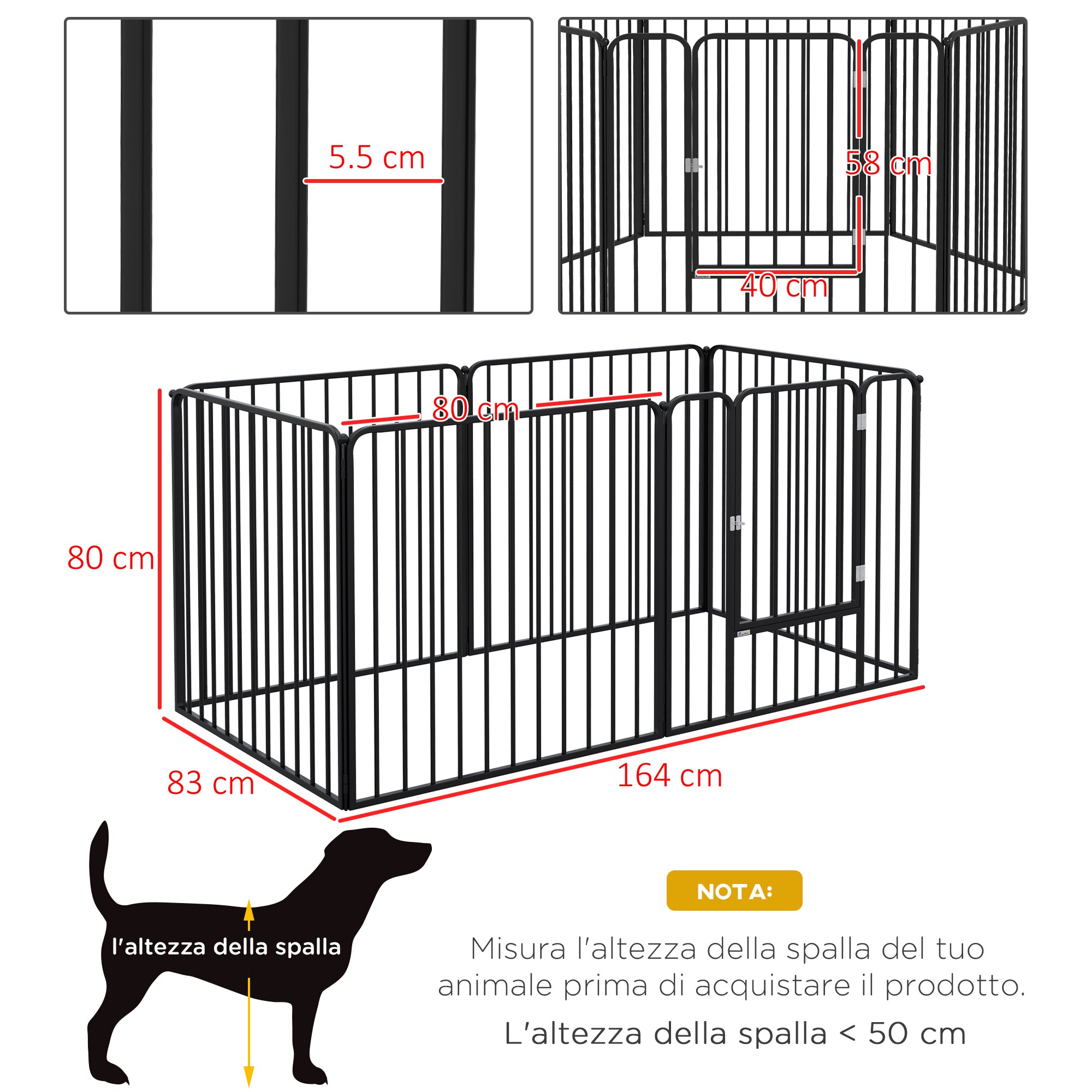 Recinto per Cani a 6 Pannelli Modulabili da Interno ed Esterno 164x83x80 cm in Acciaio Nero