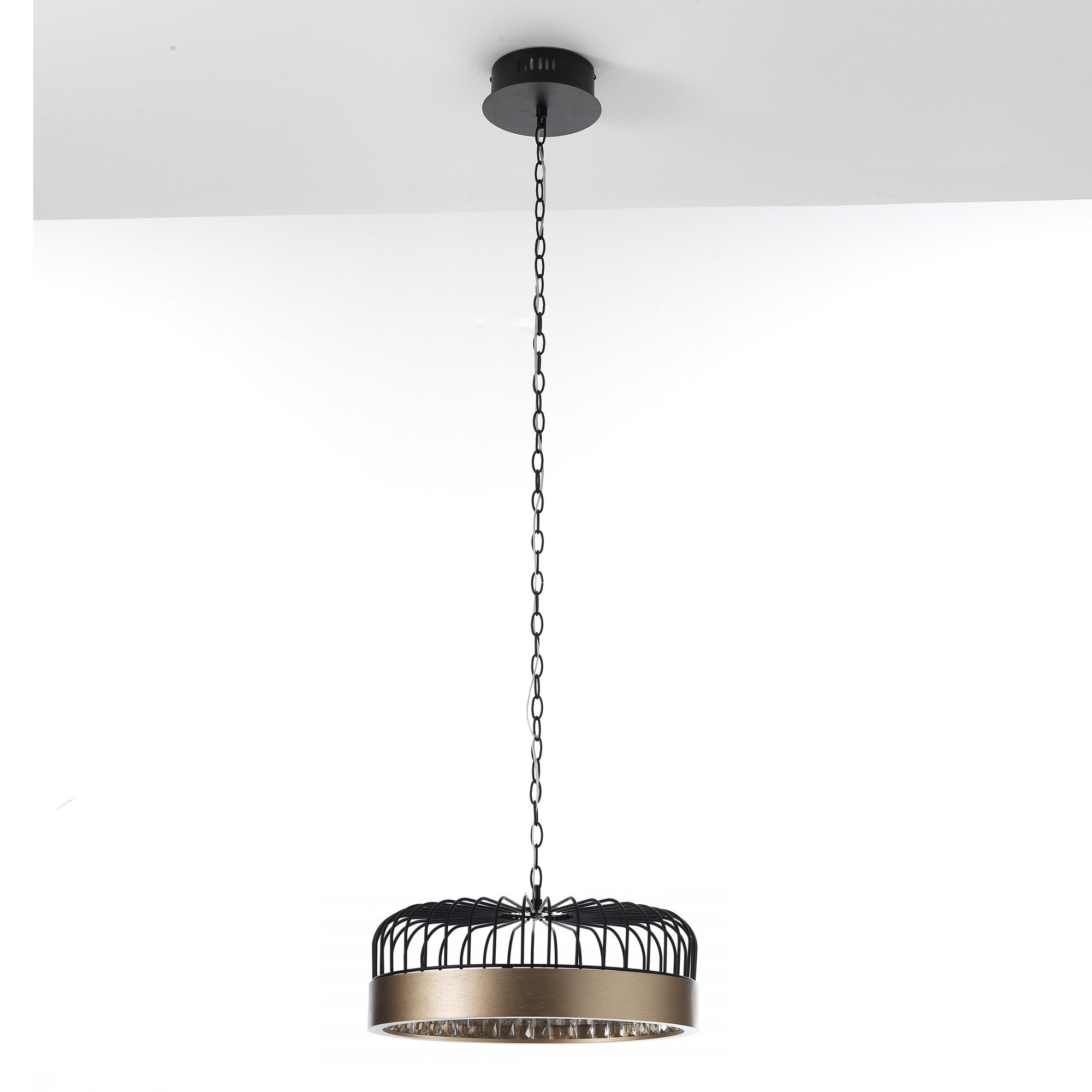 Lampadario in metallo nero opaco e ottone anticato cm. Ø40 H.127