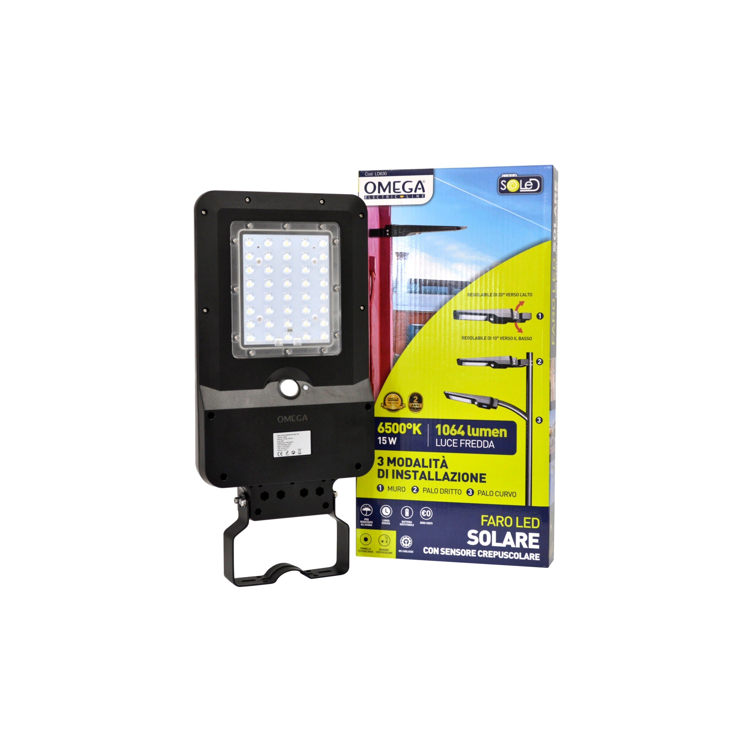 FARO LED AD ENERGIA SOLARE 15W NERO 6500K