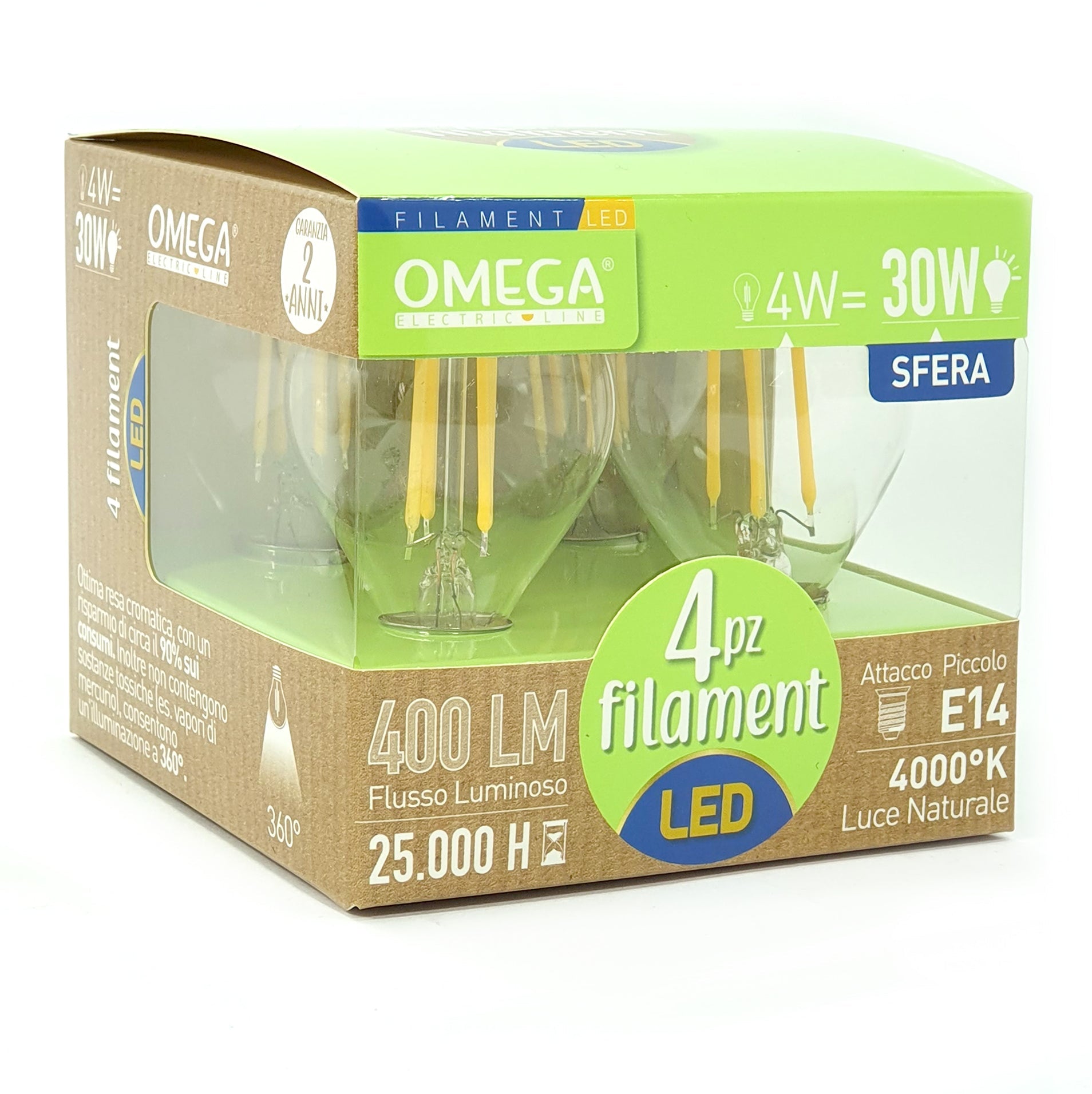 Set 4 Pezzi Lampadine Filament Sfera P45 Luce Naturale: 4W - 4000K - E14 - A+