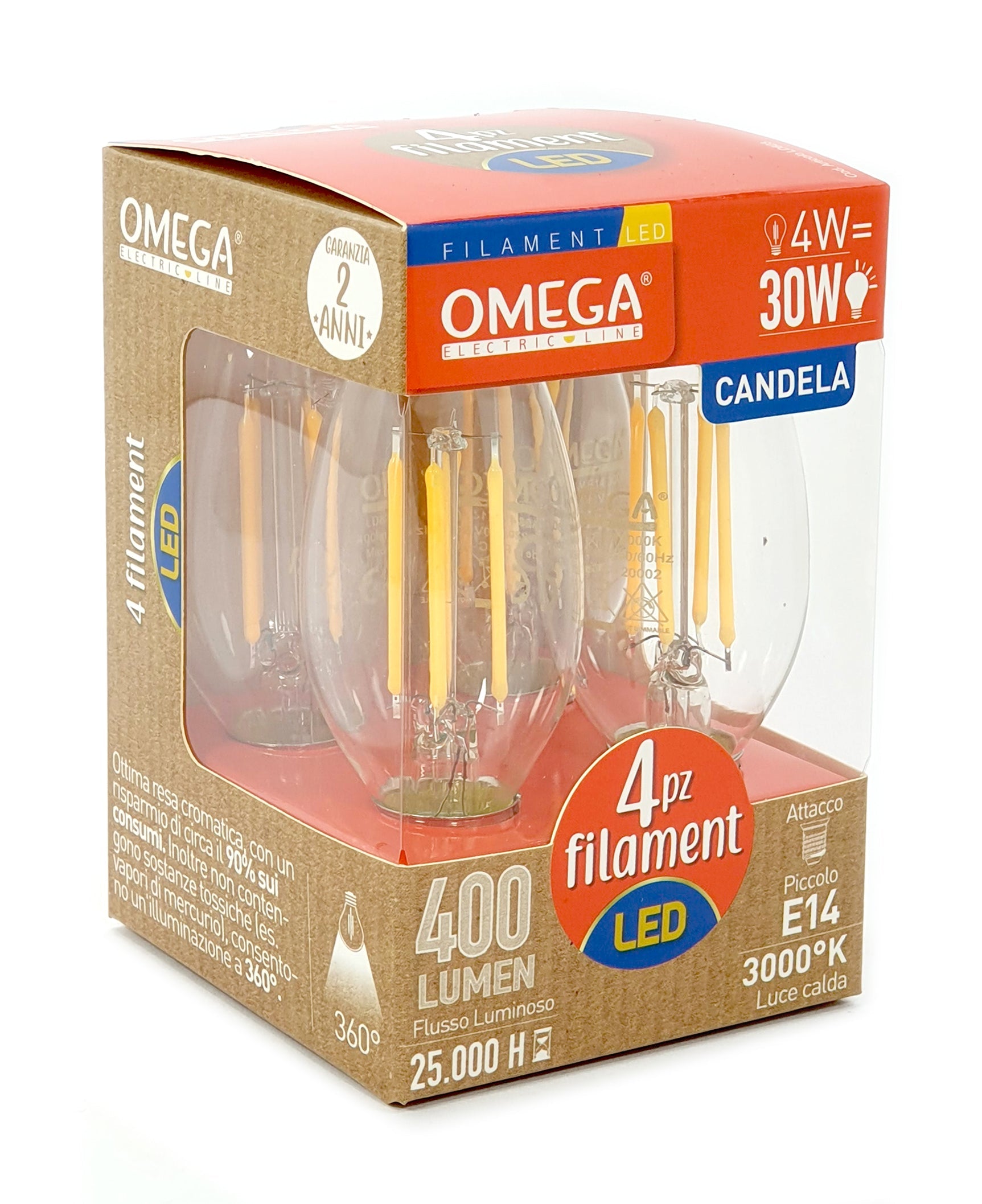 Set 4 Pezzi Lampadine Filament Candela E14 Luce Calda: 4W - 400LM - A+