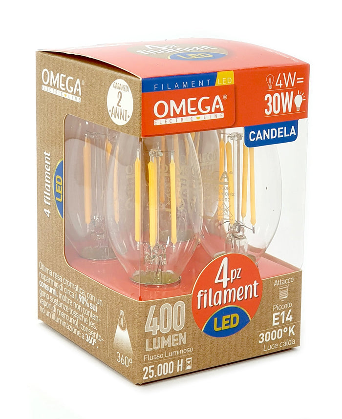 Set 4 Pezzi Lampadine Filament Candela E14 Luce Calda: 4W - 400LM - A+