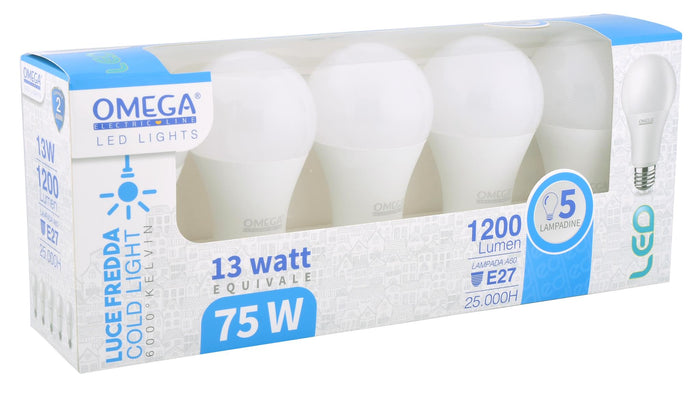 SET 5 PEZZI LAMPADINE GOCCIA A60 LUCE FREDDA: 13W – 6000K – E27 - A+