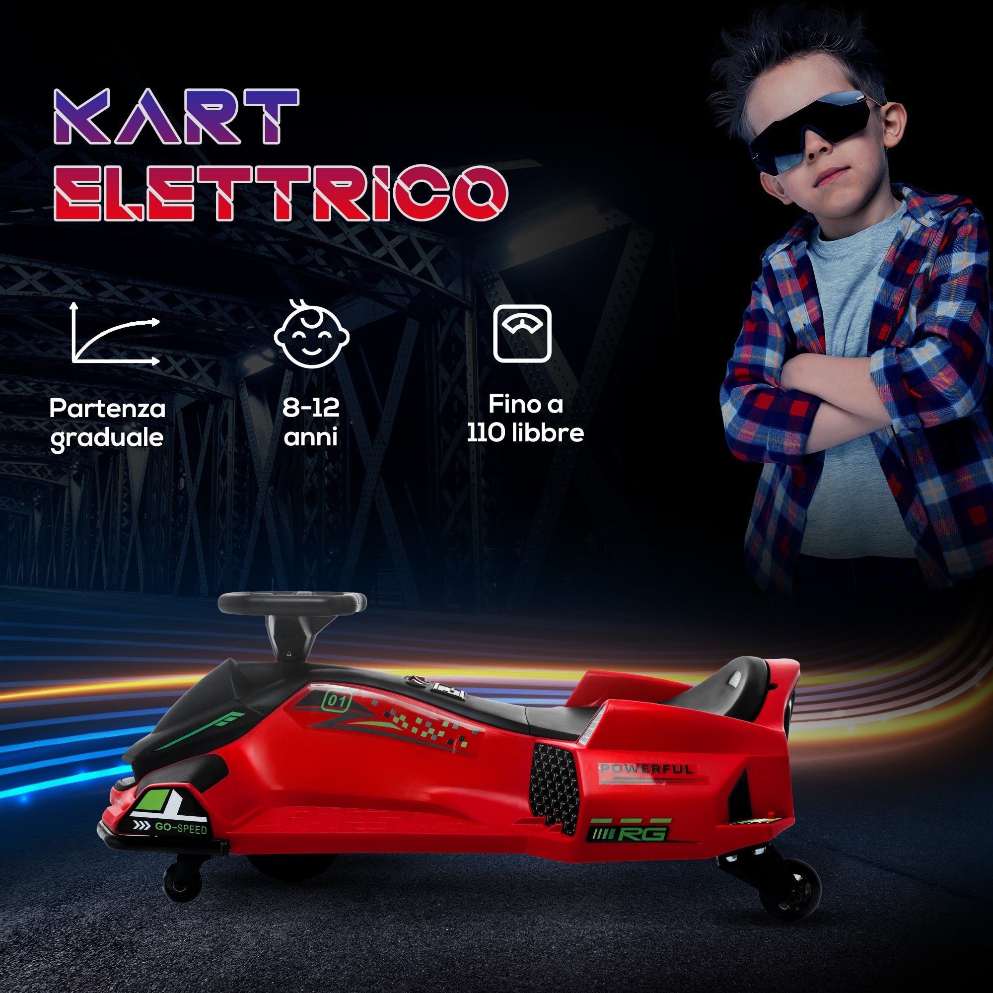 Go Kart Elettrico per Bambini Velocità 3-8 km/h per Drifting Rosso