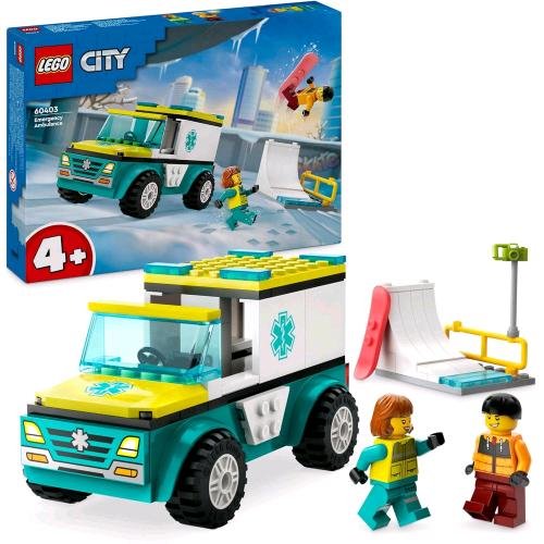 LEGO CITY AMBULANZA D'EMERGENZA E SNOWBOARDER CON 2 MINIFIGURE