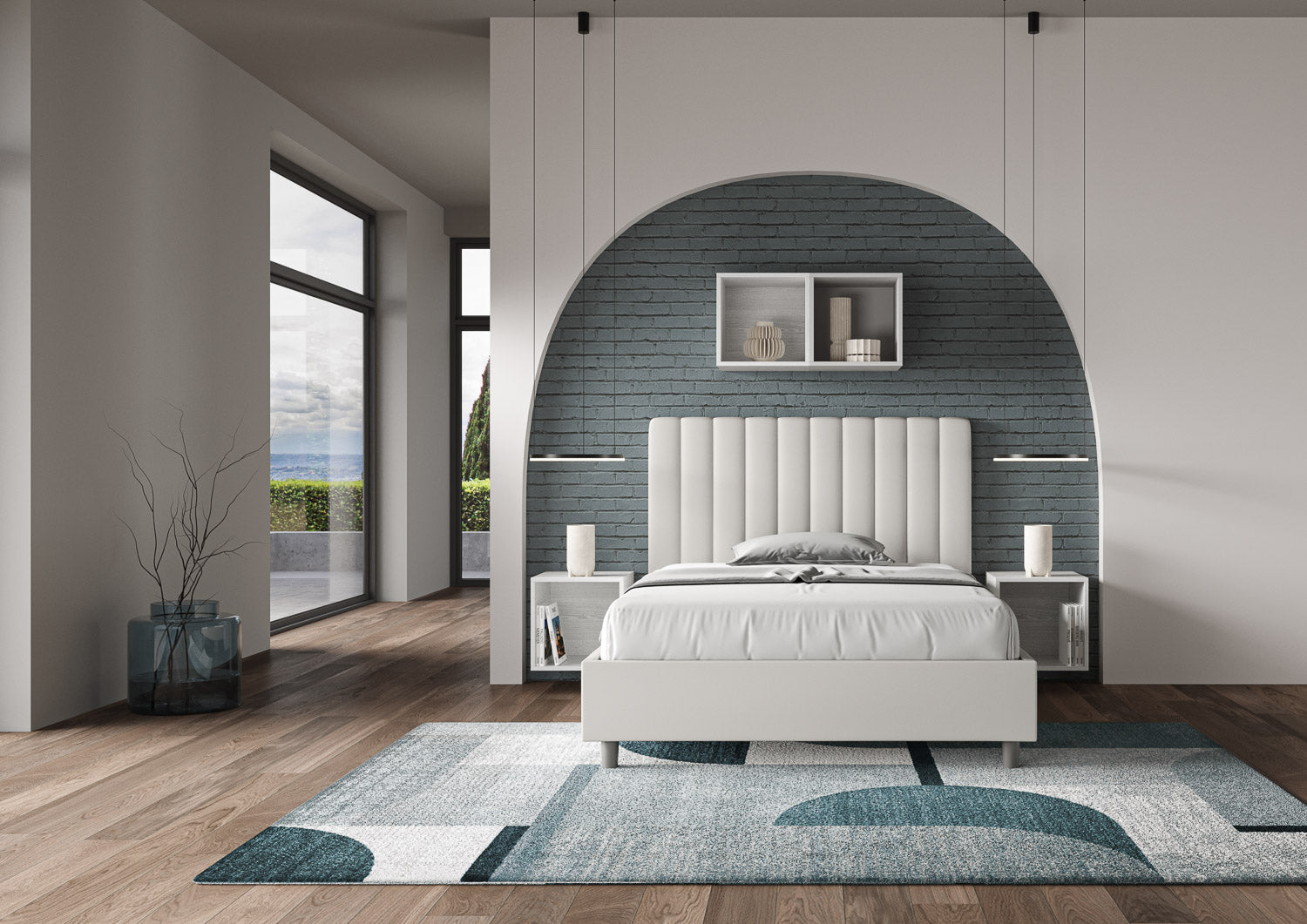 Letto una piazza e mezza contenitore imbottito 120x190 similpelle bianco Agueda