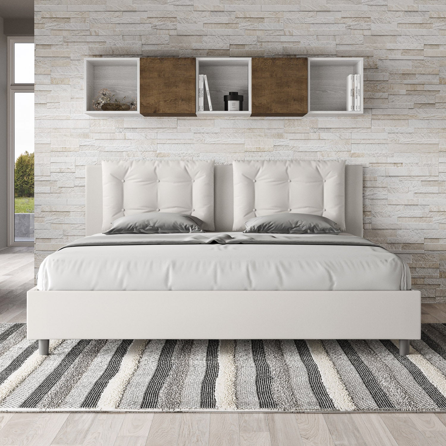 Letto matrimoniale king size con rete imbottito 200x200 similpelle bianco Annalisa