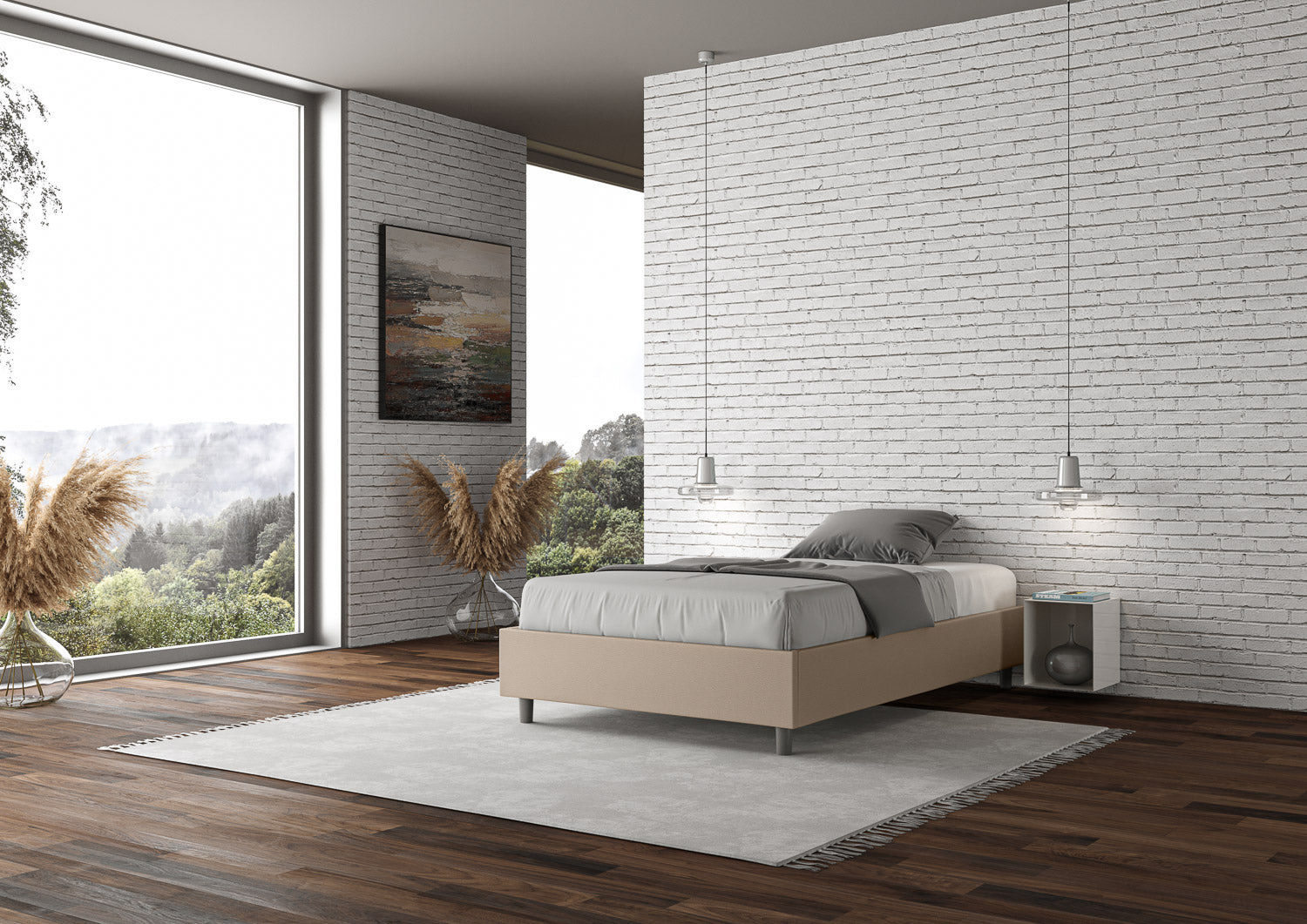 Letto una piazza e mezza contenitore imbottito 120x190 similpelle tortora Azelia